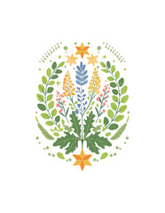Obraz premium A decorative floral illustration featuring wildflowers, green foliage, and golden stars, symbolizing nature, harmony, and beauty.