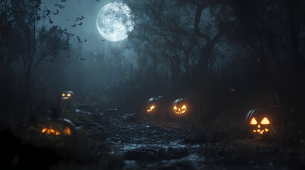 A moonlit halloween night in ghostly forest features glowing pumpkins, creating spooky yet enchanting atmosphere. scene captures essence of halloween. Moonlit Essence. Illustration