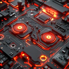 Fototapeta premium Glowing Red Circuit Board Closeup, Technology Background, Futuristic Design, Tech Concept