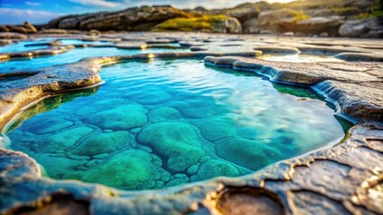 Naklejka premium A small pool of aqua slime spreading across a flat rock surface, revealing the underlying geological pattern, terrain, slime spread, erosion, natural formations, riverbed