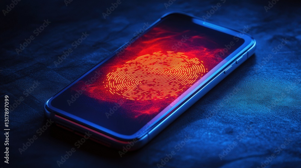 Poster vibrant smartphone displaying a glowing fingerprint pattern on a textured surface at night
