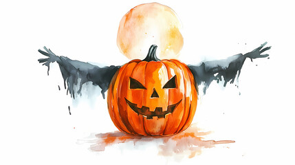 An isolated watercolor illustration of a pumpkin costume in a moonlit sky, capturing the essence of halloween festivity on a white background. Moonlit Essence. Illustration