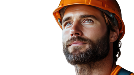 Blueprint of Hope: A determined construction worker, donning a protective helmet, gazes upwards with a hopeful expression.