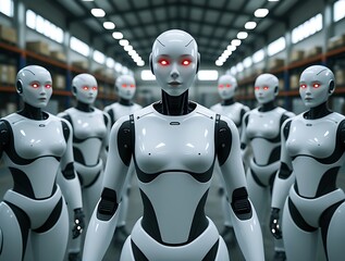Futuristic humanoid robots with glowing red eyes standing in perfect formation in a high-tech industrial warehouse, symbolizing AI, automation, and advanced robotics

