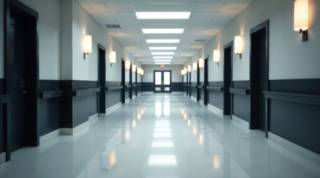 Long Hallway with Black Doors and White Floor, Empty Office Corridor in Hospital with Clean Medical Environment and SCP Anomalous Object.
