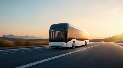 Modern bus driving on highway at sunset, showcasing sleek design and scenic landscape.