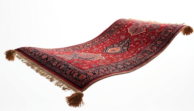 Red flying magic carpet with oriental ornament on transparent background. Woven silk rug hovers mid-air. Ornate arabian textile from fairy tale, fantasy, luxury lifestyle with history.