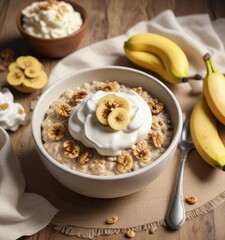 A bowl of oatmeal with sliced banana and walnuts topped with a dollop of whipped cream, whipped cream, walnuts