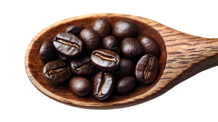 Aromatic Coffee Beans: A close-up shot of freshly roasted coffee beans nestled in a wooden spoon, evoking the rich aroma and warmth of a perfect cup. 