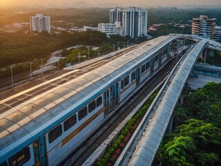 Naklejka premium Aerial sunrise view of LRT station, Putra Heights, Malaysia.