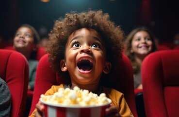 African-American toddler watches movie in cinema hall. Boy impressed with open mouth, enjoys entertainment. Bright facial expression, human emotions concept. First time in cinema. Kid with popcorn.