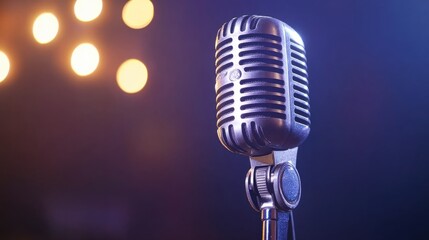 A close-up of a vintage microphone in dramatic stage lighting