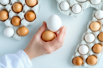 In a well-lit packing area, a diligent worker focuses on weighing eggs, ensuring quality and organization in a clean environment. The care taken reflects commitment to high standards