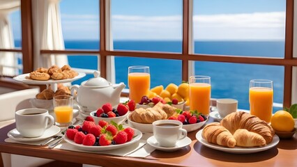 Luxurious breakfast setup on a cruise ship balcony, complete with fresh juice, coffee, pastries, and sunny ocean views in the background