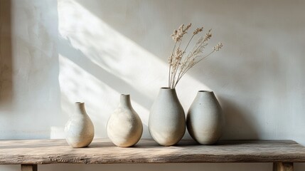 Four light beige vases of varying heights and shapes are arranged on a rustic wooden shelf, with one vase holding dried flowers.