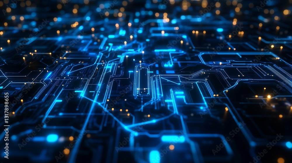 Poster abstract futuristic circuit board technology digital network glowing lines and nodes