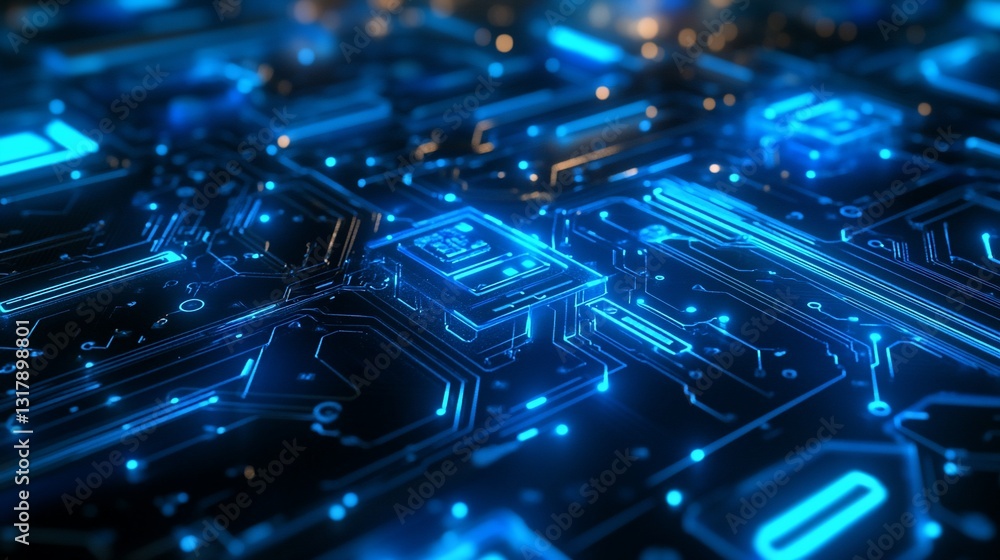 Poster abstract futuristic circuit board technology digital network glowing blue lines microchip high tech 