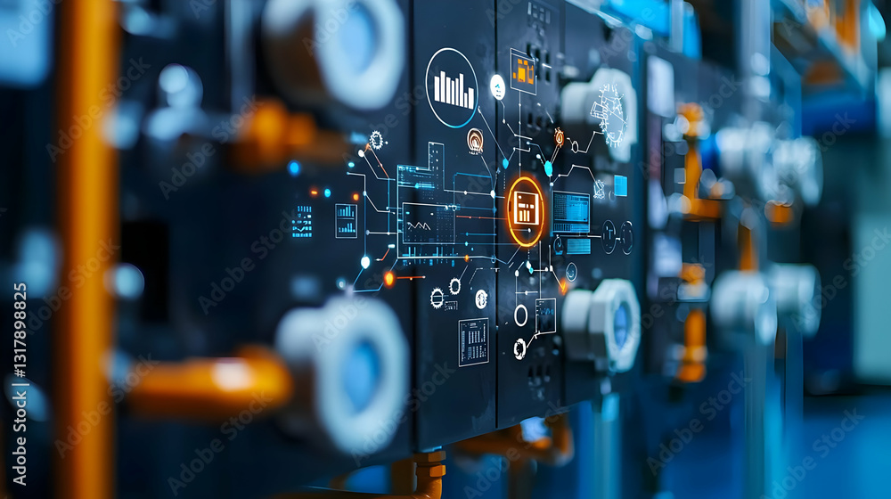Aufkleber futuristic industrial control panel with illuminated digital display and complex network of pipes an
