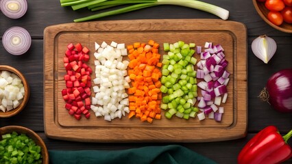 Diced vegetables on wooden board for cooking healthy recipe