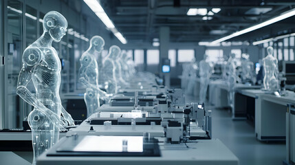 Scientists As Holographic Projections Working In Futuristic Laboratory With Advanced Technology