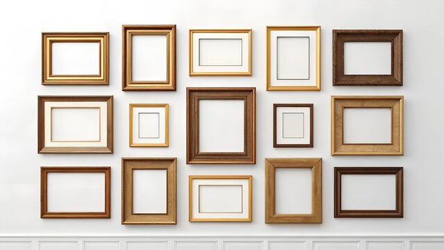 Gallery wall mockup featuring various wooden picture frames of different sizes and colors on a white wall