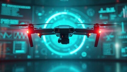 Futuristic backdrop featuring high tech drone. Cyber security measures implemented on advanced aerial technology providing digital protection. Innovation in robotic electronic device, insight to