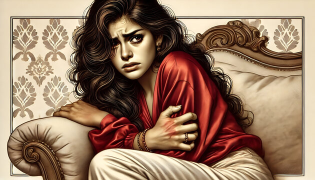 Mujer joven asustada en un sof&aacute;.