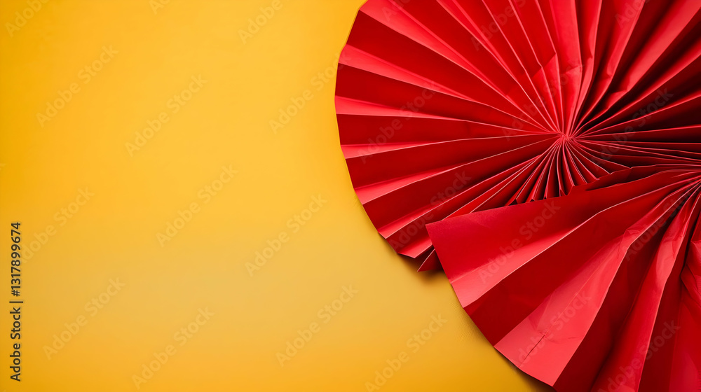 Poster red paper fans arranged on yellow surface with detailed texture and vibrant color in flat lay compos
