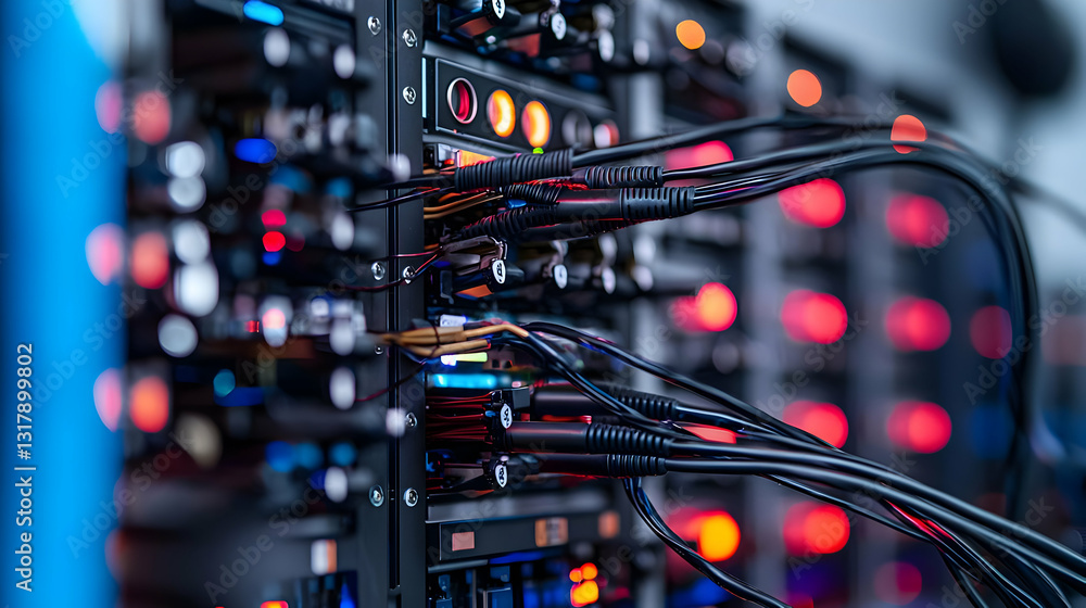 Aufkleber close up of complex server rack with numerous cables and blinking lights in modern data center