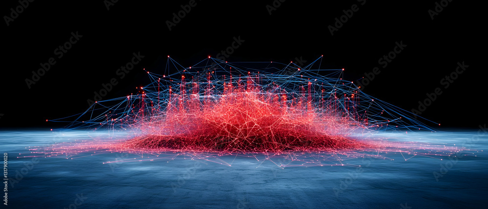 Poster dynamic burst of red and blue particles on a dark background with glowing light effect and abstract 