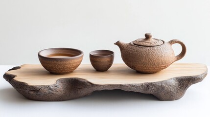 A tea set on a wooden stand.