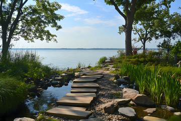 Waterfront Garden with Wooden Stepping Stones for Serene Outdoor Tranquility