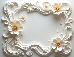 White abstract flower background with ornament, pearls. Elegant floral design decorative chic backdrop. Sophisticated luxury artistic pattern texture glossy shiny aglow graceful stylish beauty