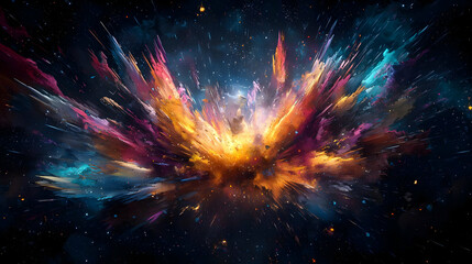 A Pixelated Explosion of Vibrant Colors in Deep Space with a Bright Central Burst and Colorful Particles