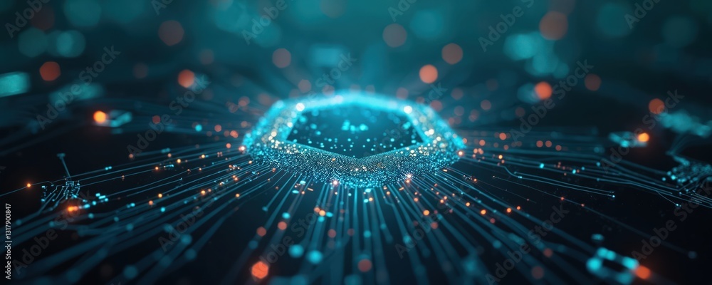 Poster Abstract digital network with hexagon. Data streams tech background in blue, black colors. Futuristic science innovation connection with cyberspace web communication. System server cloud computing