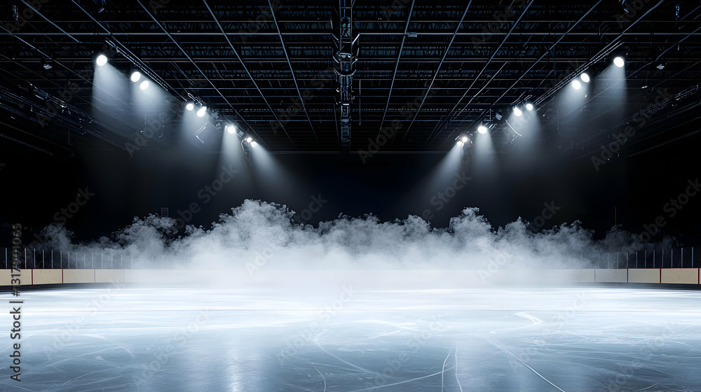 Poster illuminated empty stage with fog and spotlights in a dark venue for a dramatic performance or concer