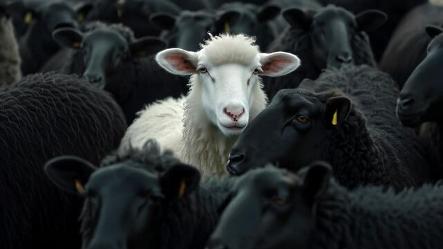 White sheep among black, different unique special leader identity, crowd leadership