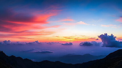 Obraz premium Colorful Sunset Over Mountain Range with Vibrant Orange Blue and Purple Hues Dramatic Clouds and Scenic View