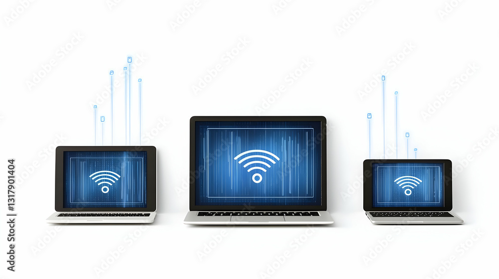 Poster three laptops displaying wireless wifi symbols with blue light signals on white background