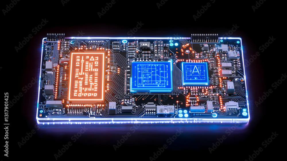 Poster illuminated circuit board with orange and blue components on a dark background in a modern technolog