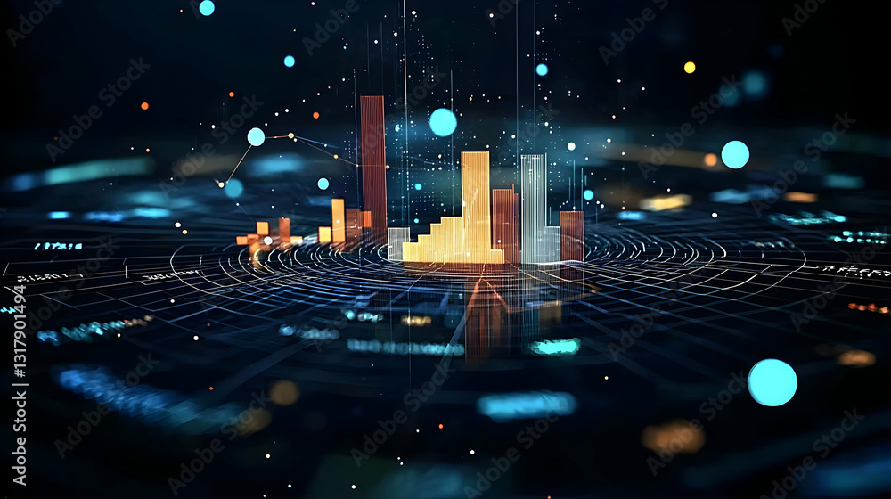 Poster futuristic smart city digital network data visualization with glowing lines and dots in dark blue ba