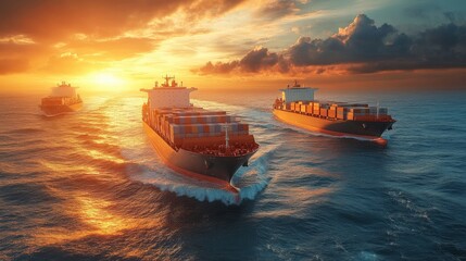 Fototapeta premium Three cargo ships navigating through calm waters at sunset, with vibrant clouds reflecting on the sea