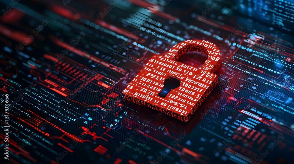 Poster red illuminated padlock over circuit board illustrating data security and digital protection concept