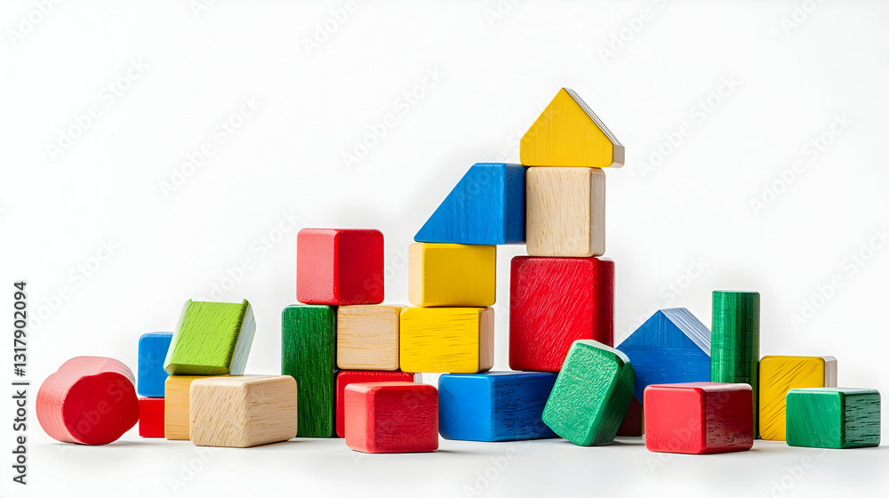 Poster assortment of brightly colored wooden building blocks arranged against a clean white background disp
