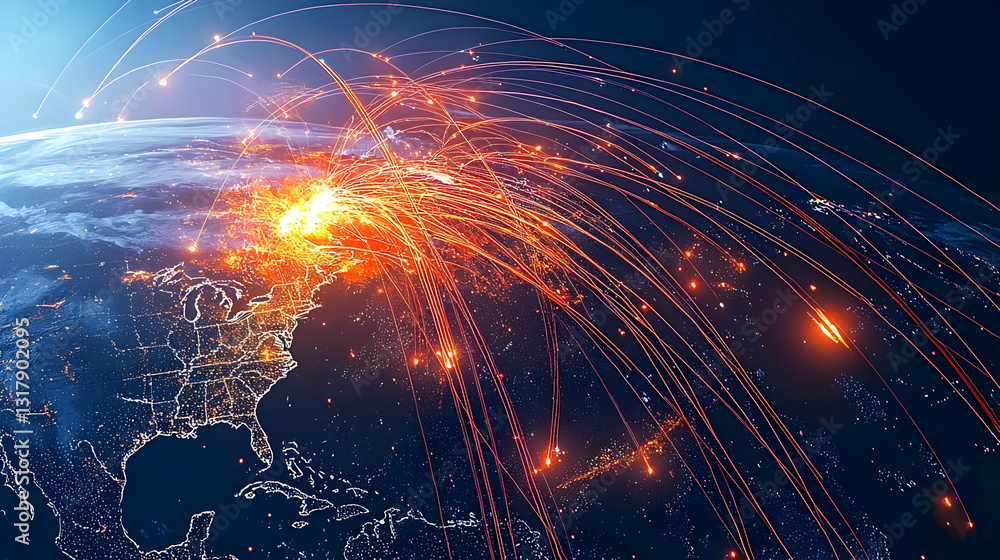 Aufkleber global network of light trails across a dark blue planet earth representing worldwide communication 