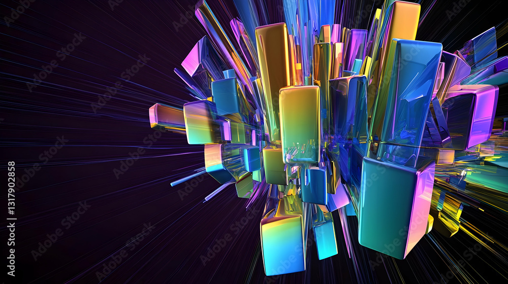 Poster abstract digital 3d cityscape with colorful geometric structures and dynamic lines against dark back
