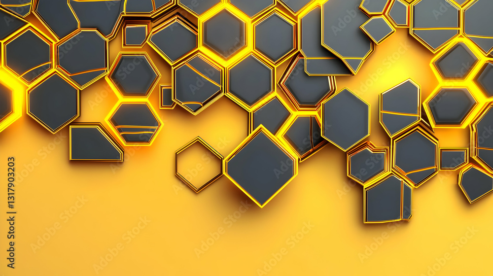 Poster abstract hexagonal pattern with gold and black colors over yellow background in modern digital art