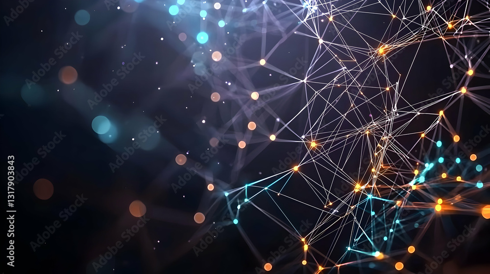 Poster abstract 3d rendering of glowing network connections with blue and orange particles on dark backgrou