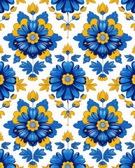 Bright and colorful seamless floral pattern with hand-drawn blue and yellow flowers, perfect for textile design, wallpaper, packaging, and decorative background use

