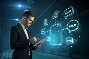 Businessman using tablet with glowing digital communication icons for business networking